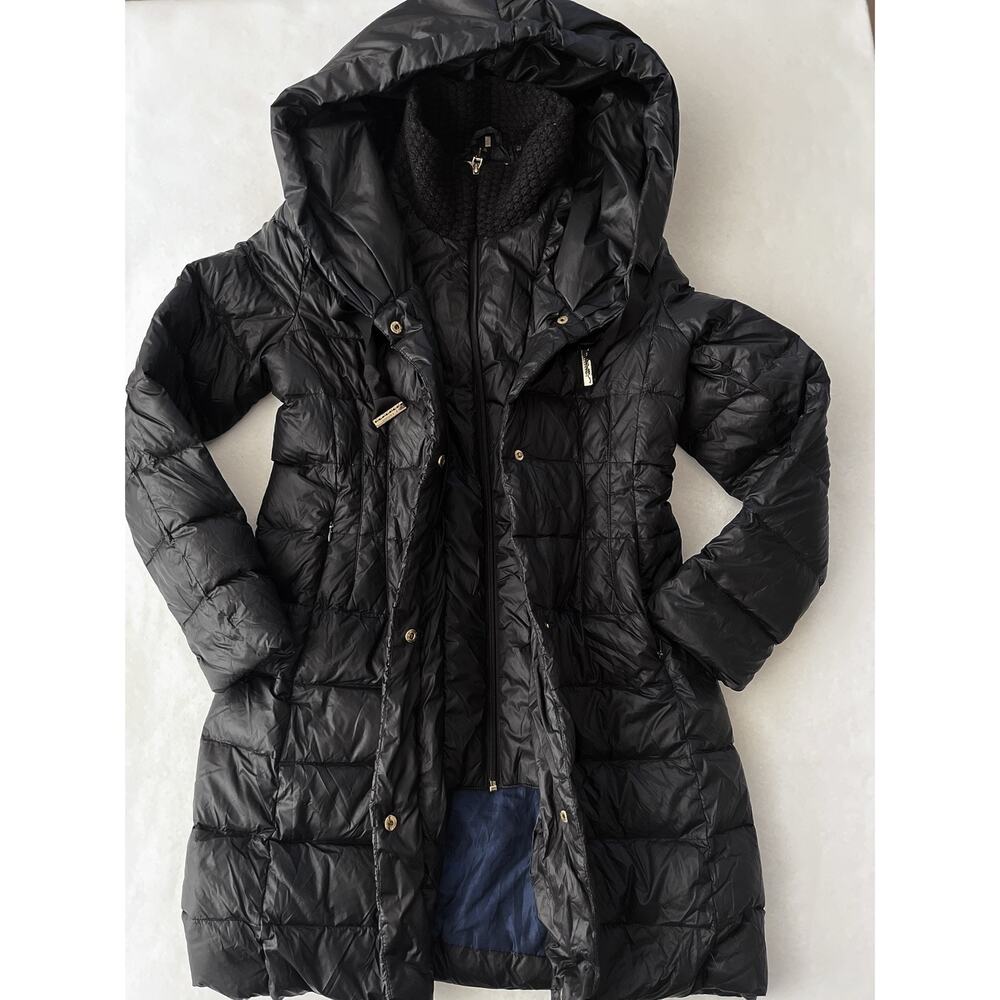 T Tahari Coat Women S Black Long Down Puffer Hooded Zip Pockets Warm Winter Read